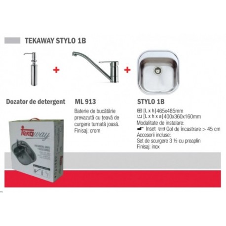 Pachet Teka Tekaway Stylo 1B chiuveta Stylo 1B inox satinat, baterie ML/MF2, dozar pentru detergent