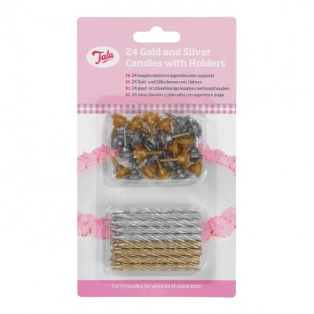 Set 24 lumanari aurii si argintii cu suport - 10A01603-TALA